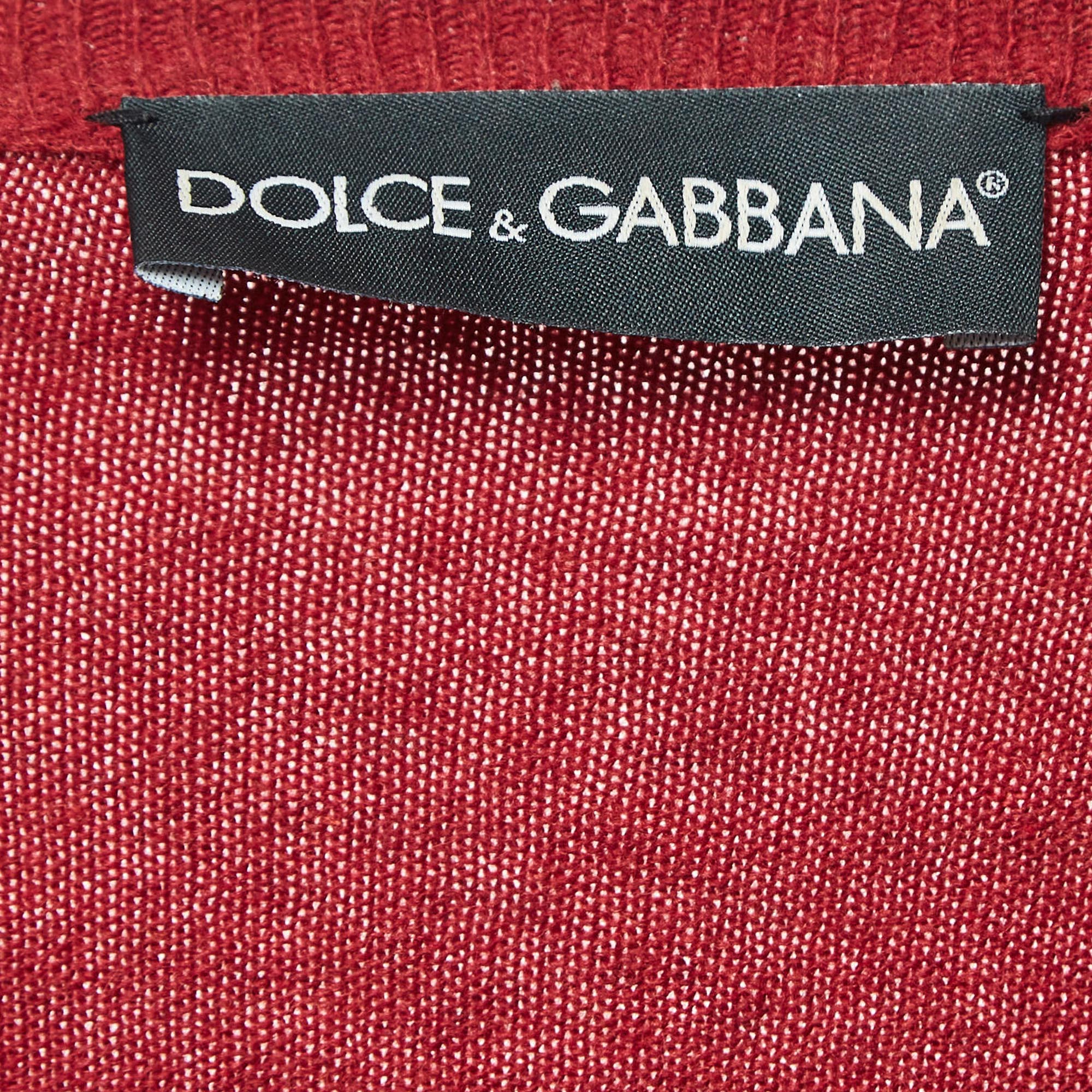 Dolce & Gabbana Burgundy Rib Knit V-Neck Sweater M