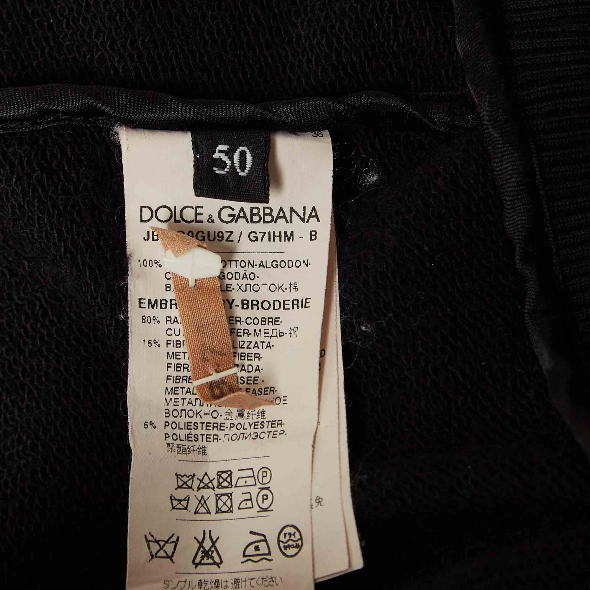 Dolce & Gabbana Black Applique Detail Cotton Knit Hooded Jacket L