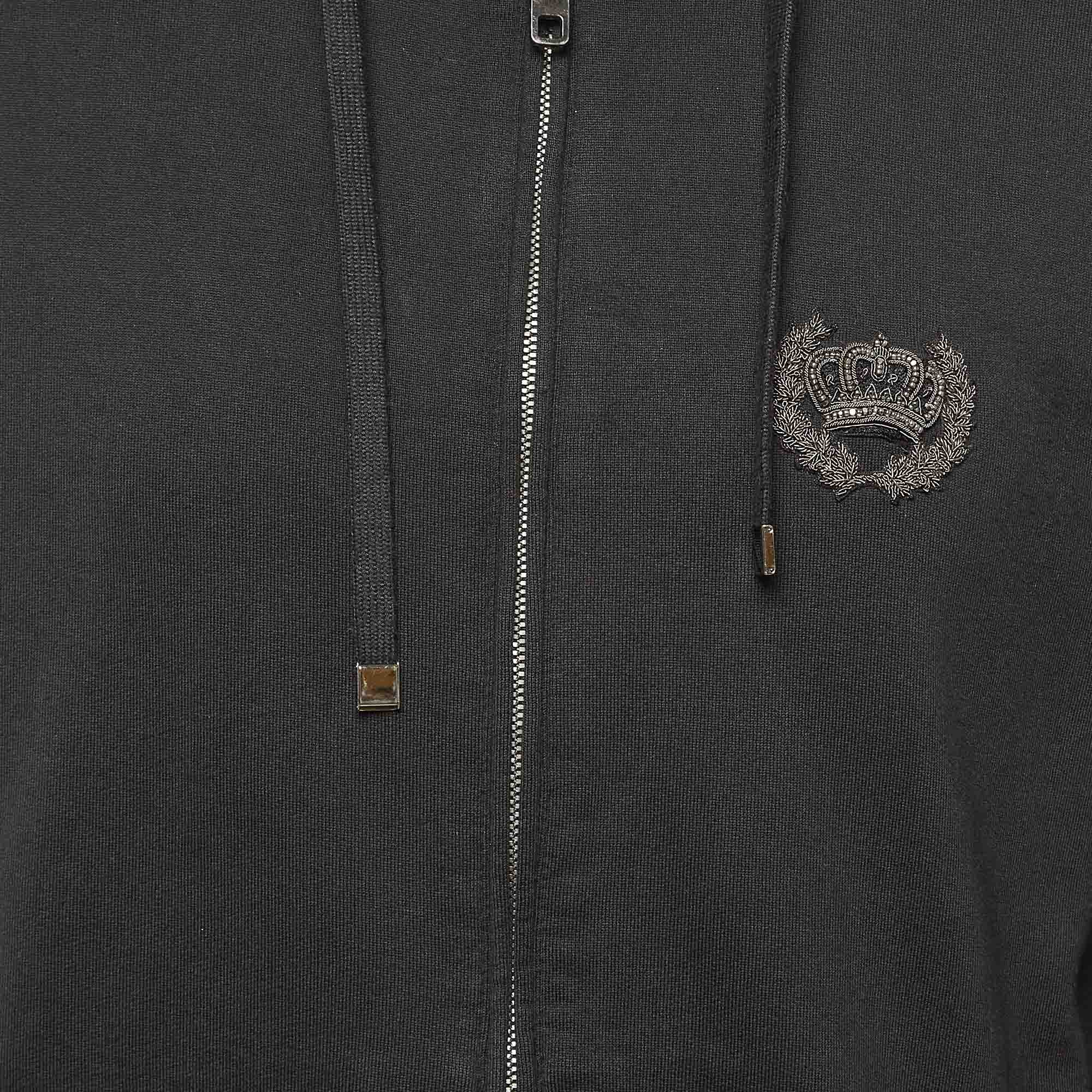 Dolce & Gabbana Black Applique Detail Cotton Knit Hooded Jacket L