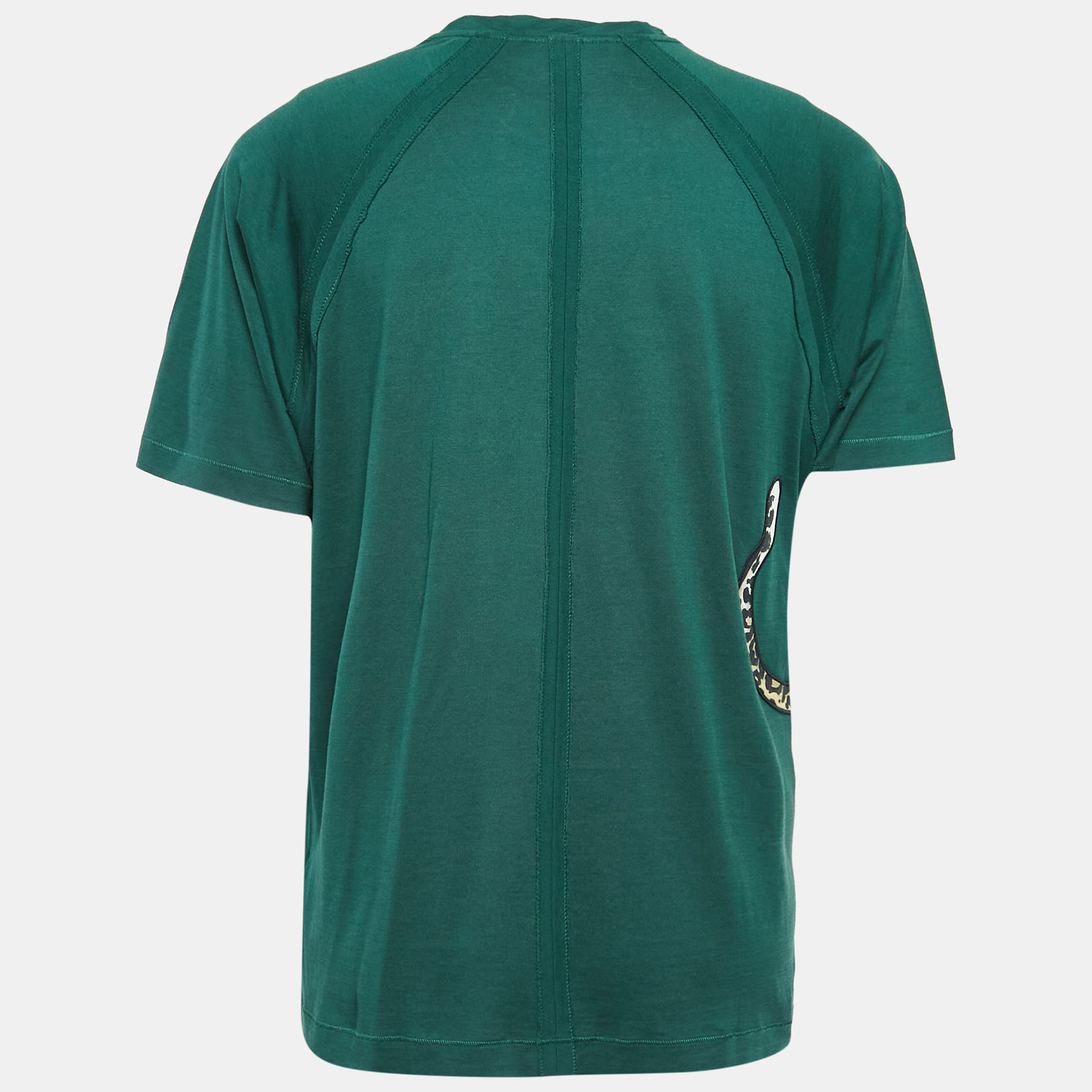 Dolce & Gabbana Green Leopard Applique Cotton Jersey T-Shirt L