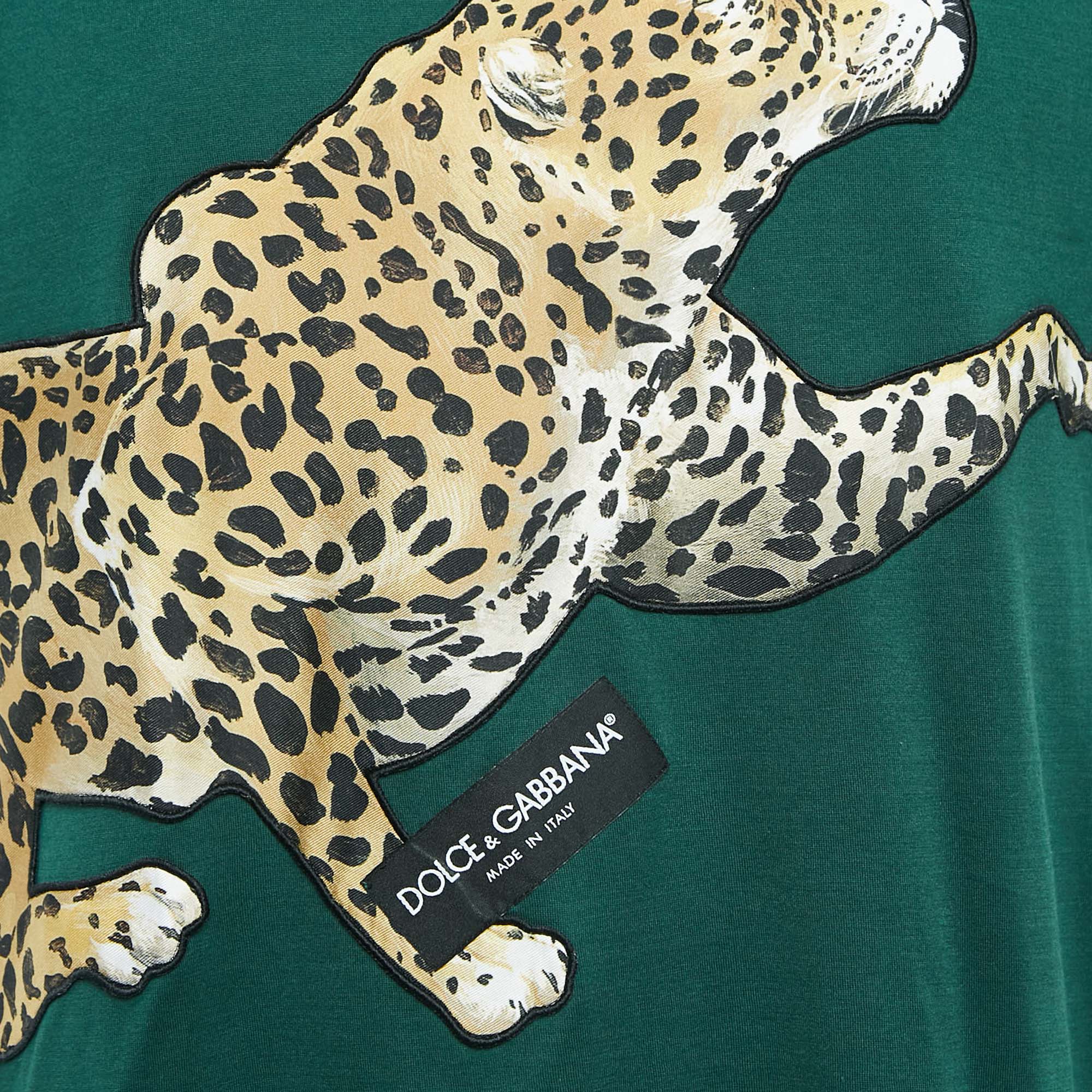 Dolce & Gabbana Green Leopard Applique Cotton Jersey T-Shirt L