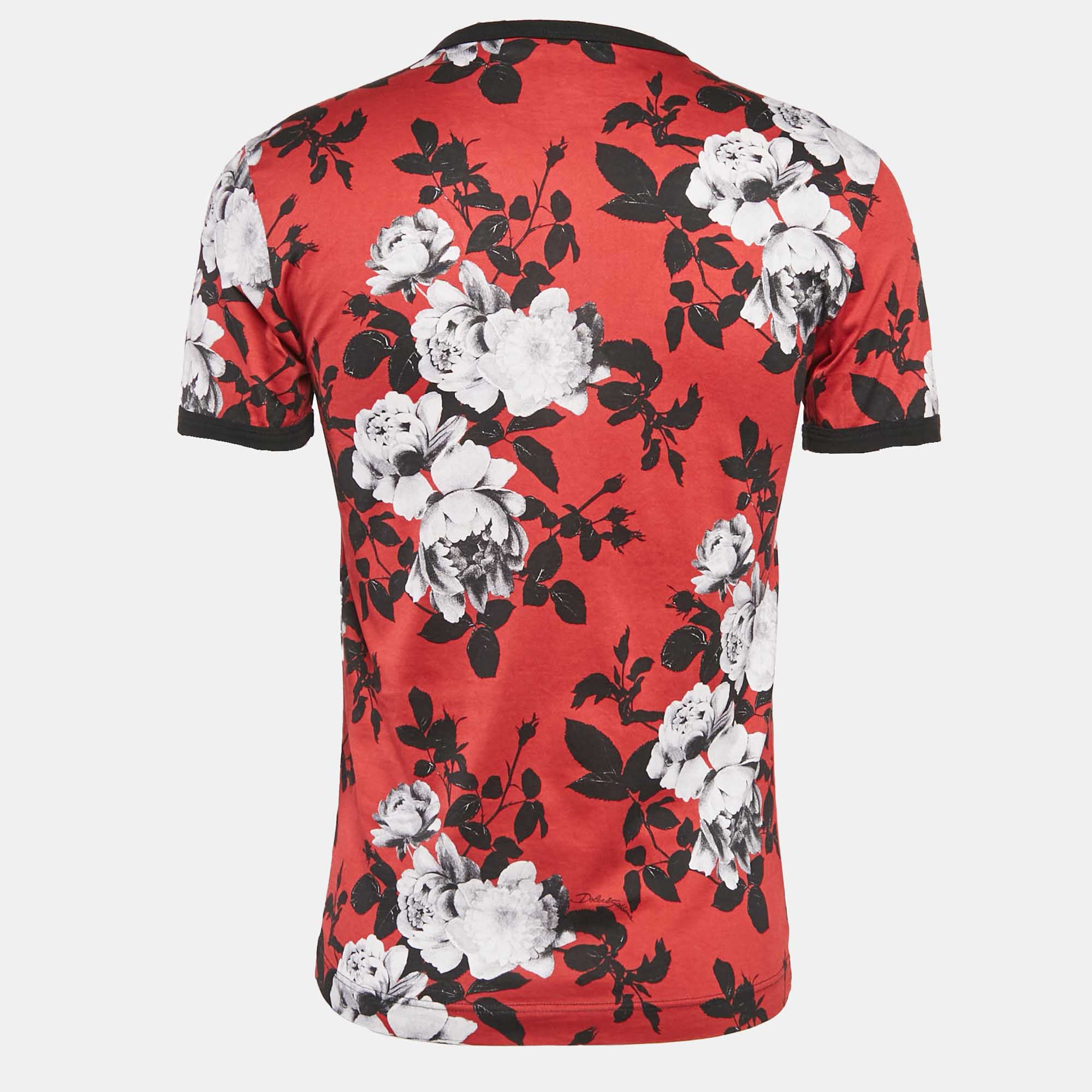 Dolce & Gabbana Red Floral Print Cotton Crewneck T-shirt XS