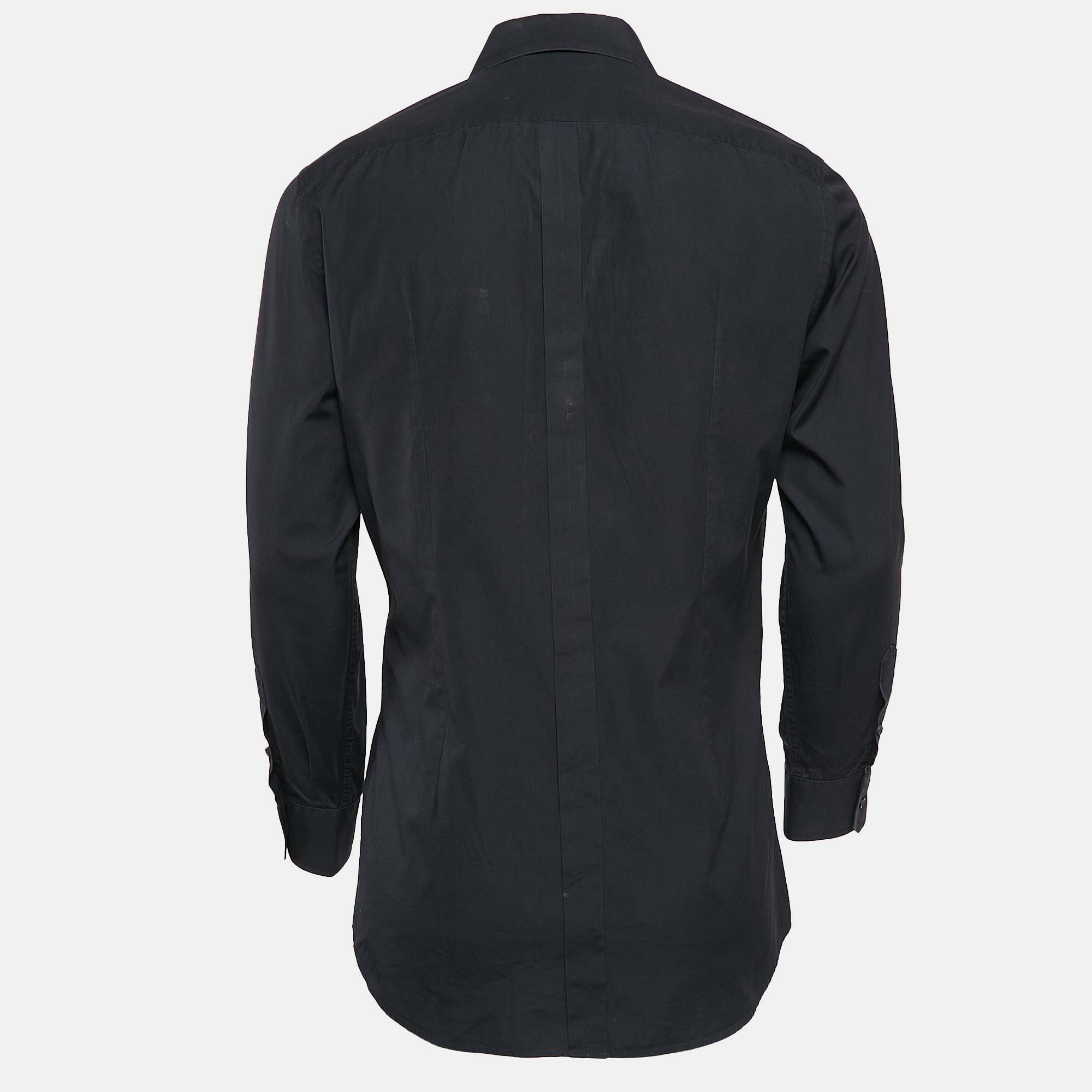 Dolce & Gabbana Gold Navy Blue Cotton Long Sleeve Shirt L