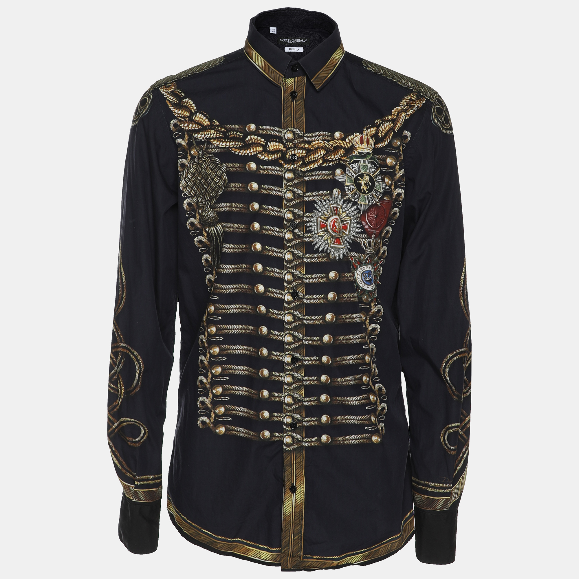 Dolce & Gabbana Navy Blue Printed Cotton Button Front Gold Shirt M
Dolce & Gabbana Navy Blue Printed Cotton Button Front Gold Shirt M