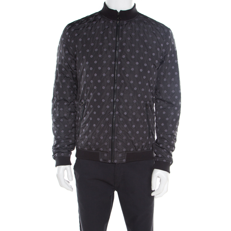 Dolce & gabbana black polka dot embroidered zip front bomber jacket l