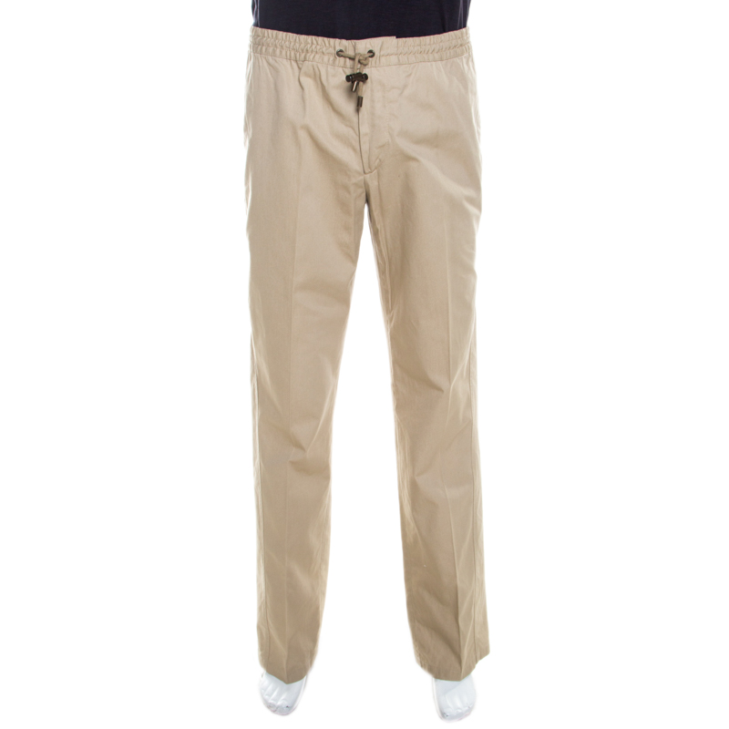 Image of Dolce & Gabbana Beige Cotton Drawstring Waist Straight Fit Trousers L
