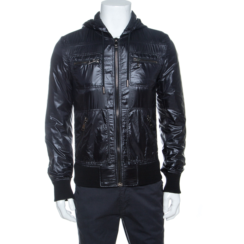 Image of Dolce & Gabbana Black Nylon Zip Front Hooded Jacket XS