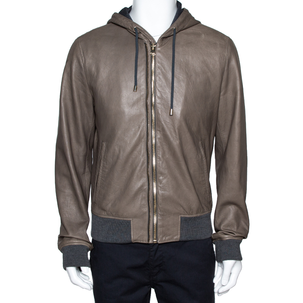 Image of Dolce & Gabbana Pale Brown Leather Zip Front Hooded Jacket XL