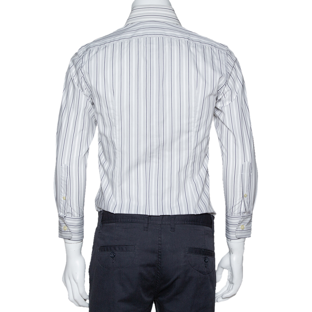 Dolce & Gabbana Pale Grey Striped Cotton Button Front Shirt S