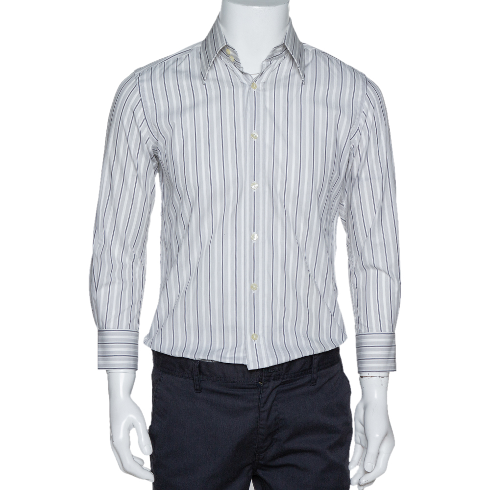 Dolce & Gabbana Pale Grey Striped Cotton Button Front Shirt S