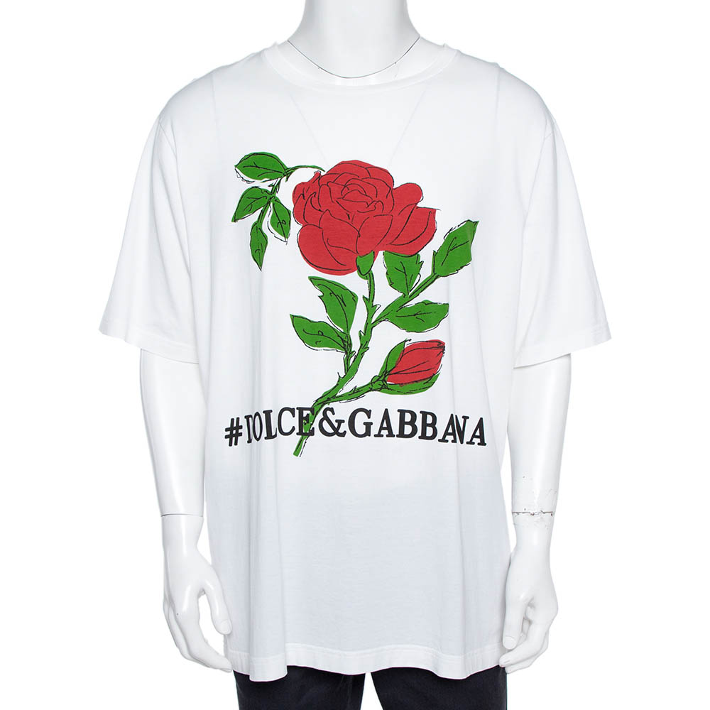 Image of Dolce & Gabbana White Cotton Jersey Rose Print T-Shirt XL