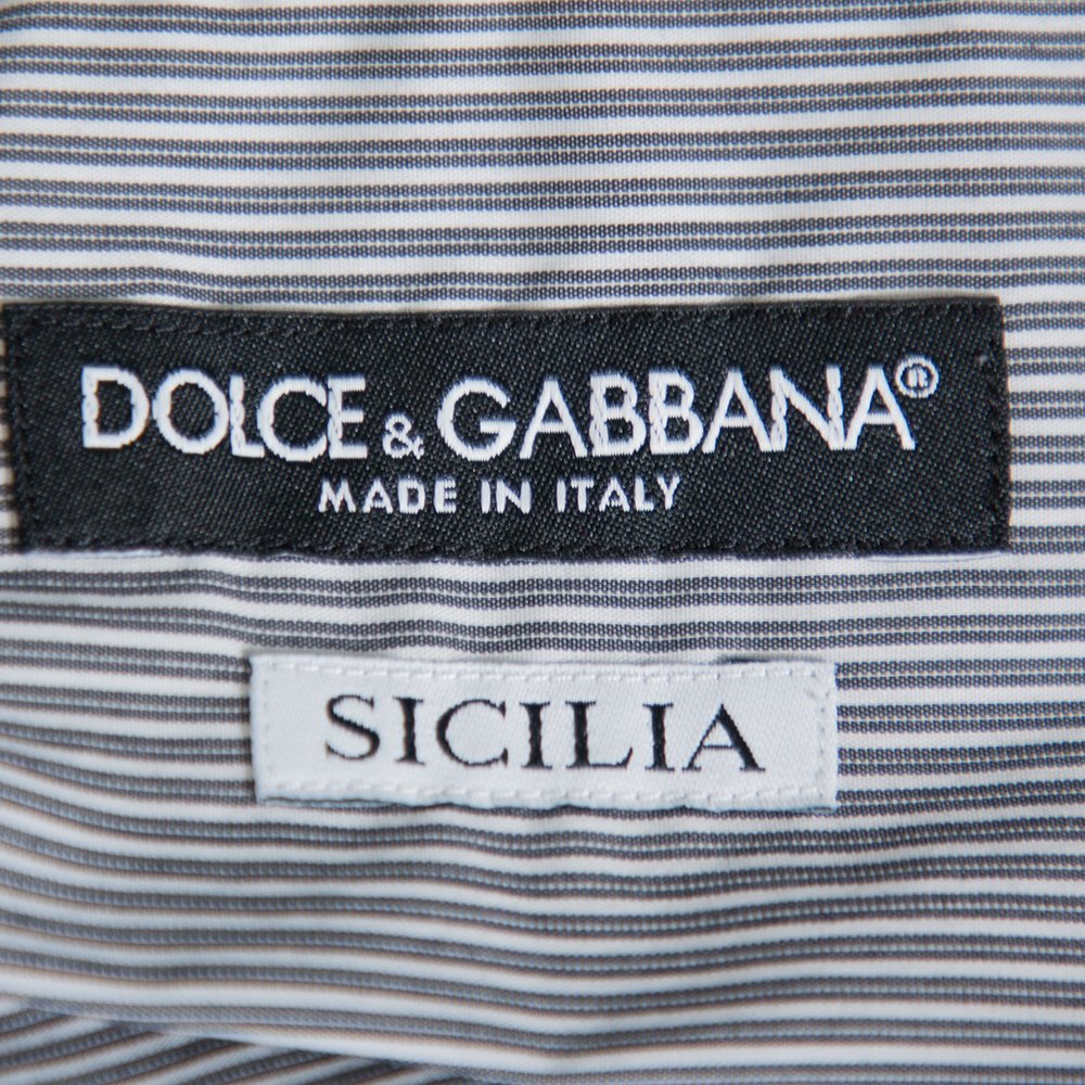 Dolce & Gabbana Grey Striped Cotton Button Front Sicilia Shirt XL