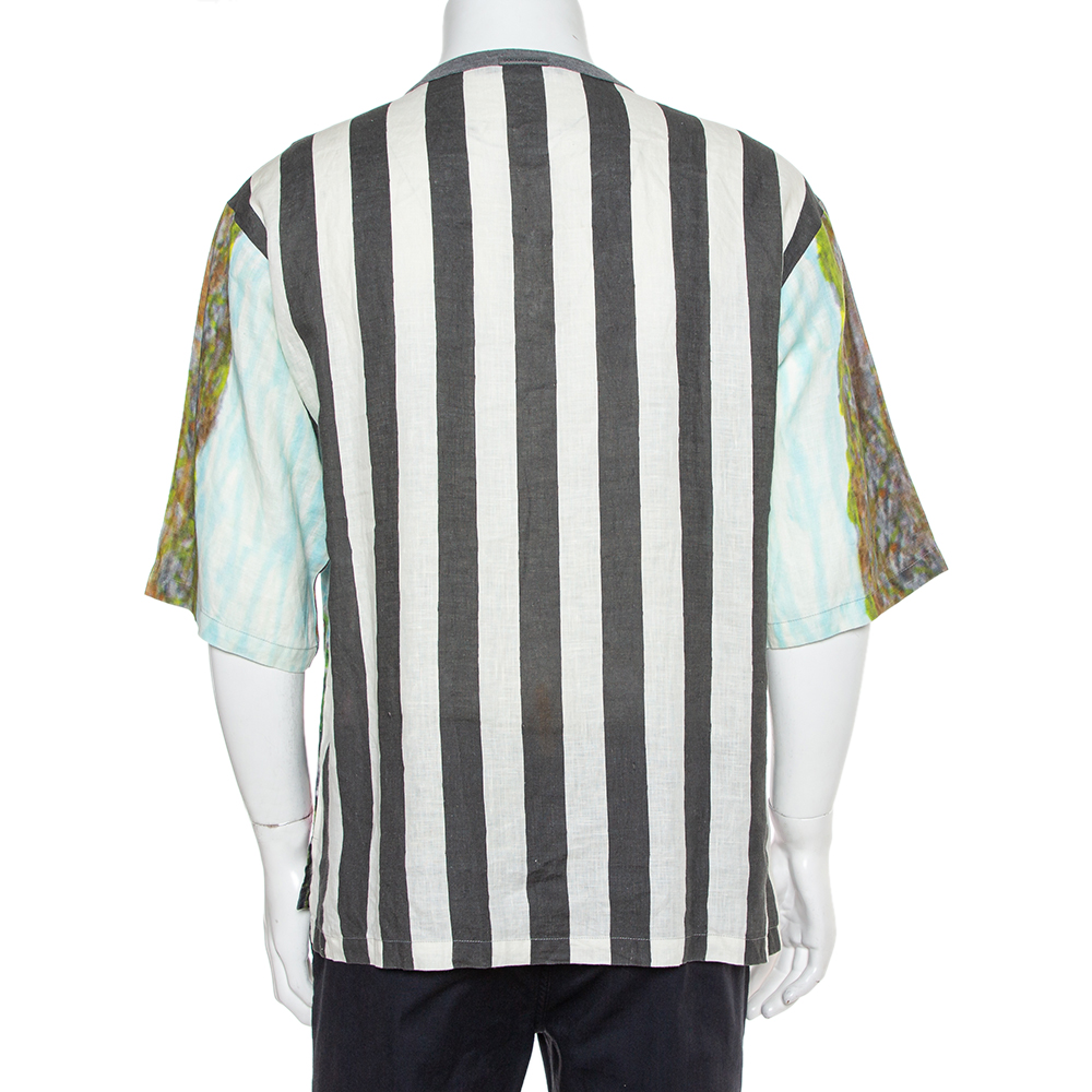 Dolce & Gabbana Multicolor Printed Linen Half Button Oversized T-Shirt XS