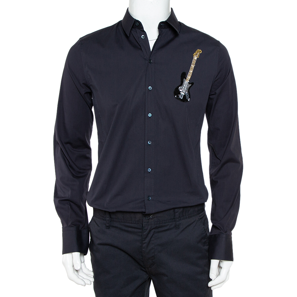 Dolce & Gabbana Navy Blue Cotton Sequin Embellished Guitar Applique Sicilia Shirt L
