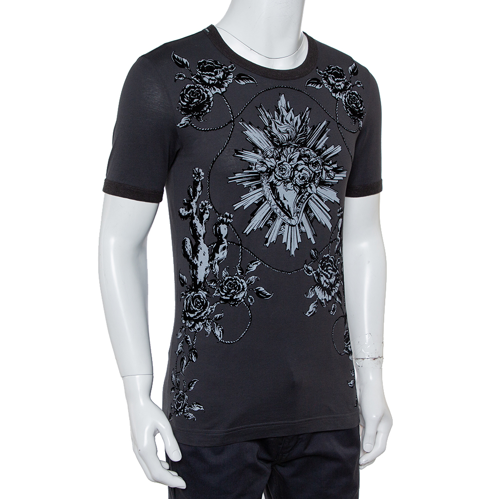 Dolce & Gabbana Grey Sacred Heart Flock Print Cotton T-Shirt XS