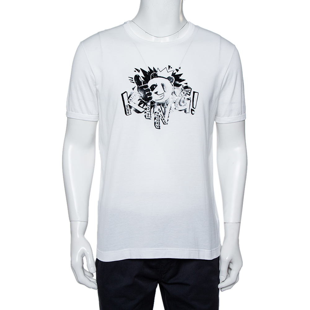 Dolce & Gabbana White Cotton Panda King Printed Crewneck T-Shirt L