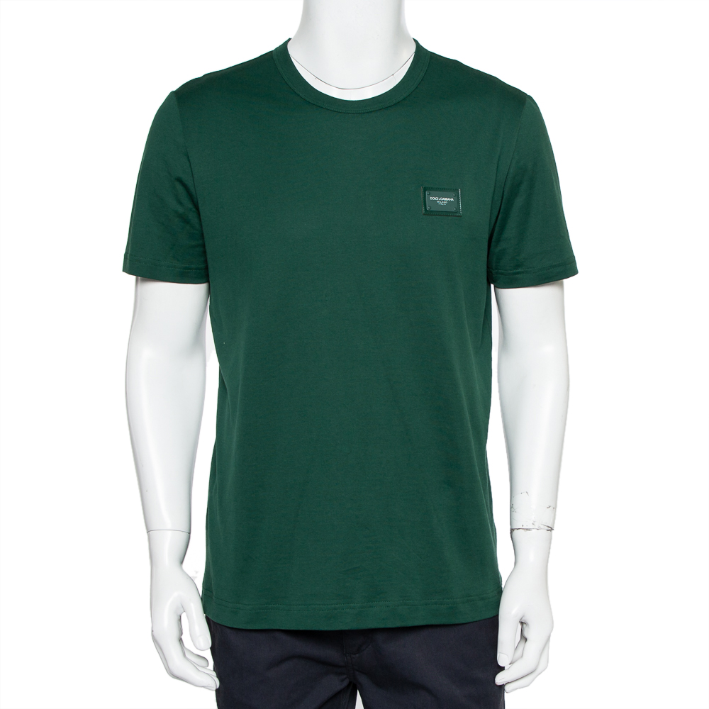 Dolce & Gabbana Green Logo Patch Cotton Crewneck T-Shirt L