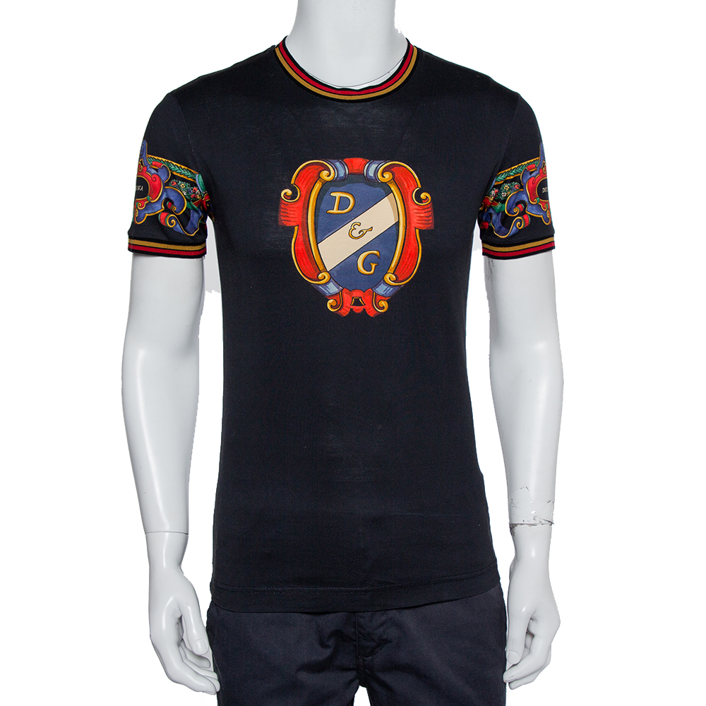Dolce & Gabbana Black Heraldic Printed Cotton Crewneck T-Shirt XS