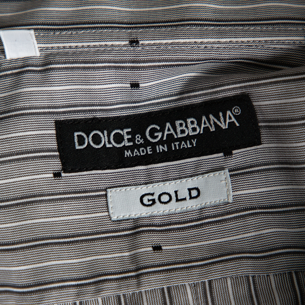 Dolce & Gabbana Grey Striped Cotton Embroidered Detail Gold Fit Shirt M