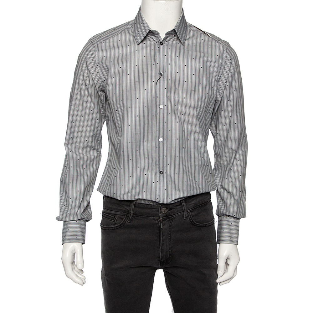 Dolce & gabbana grey striped cotton embroidered detail gold fit shirt m