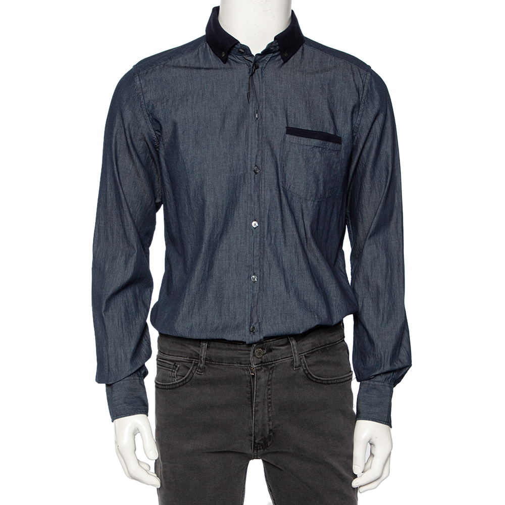 Dolce & gabbana chambray cotton knit collar detail gold label shirt l