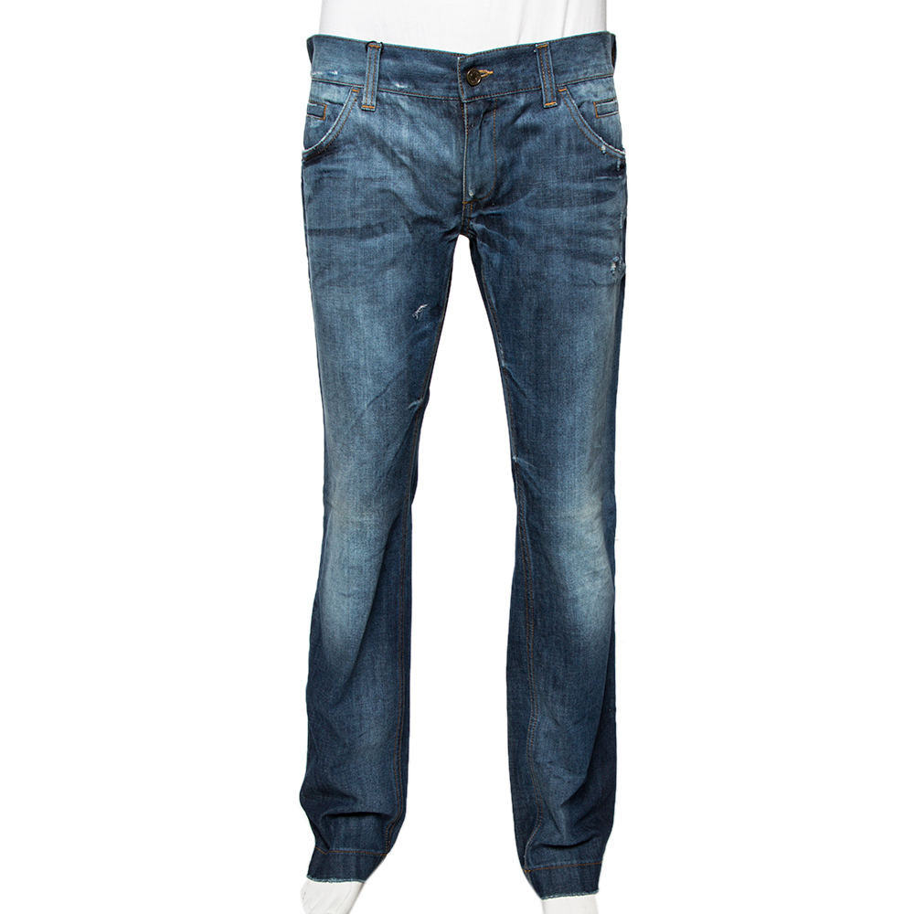 Dolce & Gabbana Blue Faded Effect Denim Leather Detail Fit 14 Jeans L