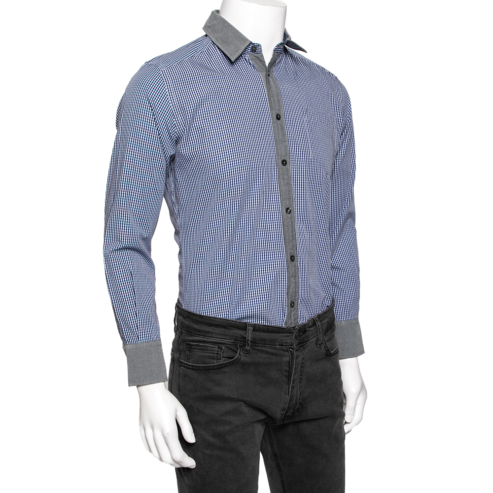 

Dolce & Gabbana Blue Checkered Cotton Contrast Trim Detailed Shirt