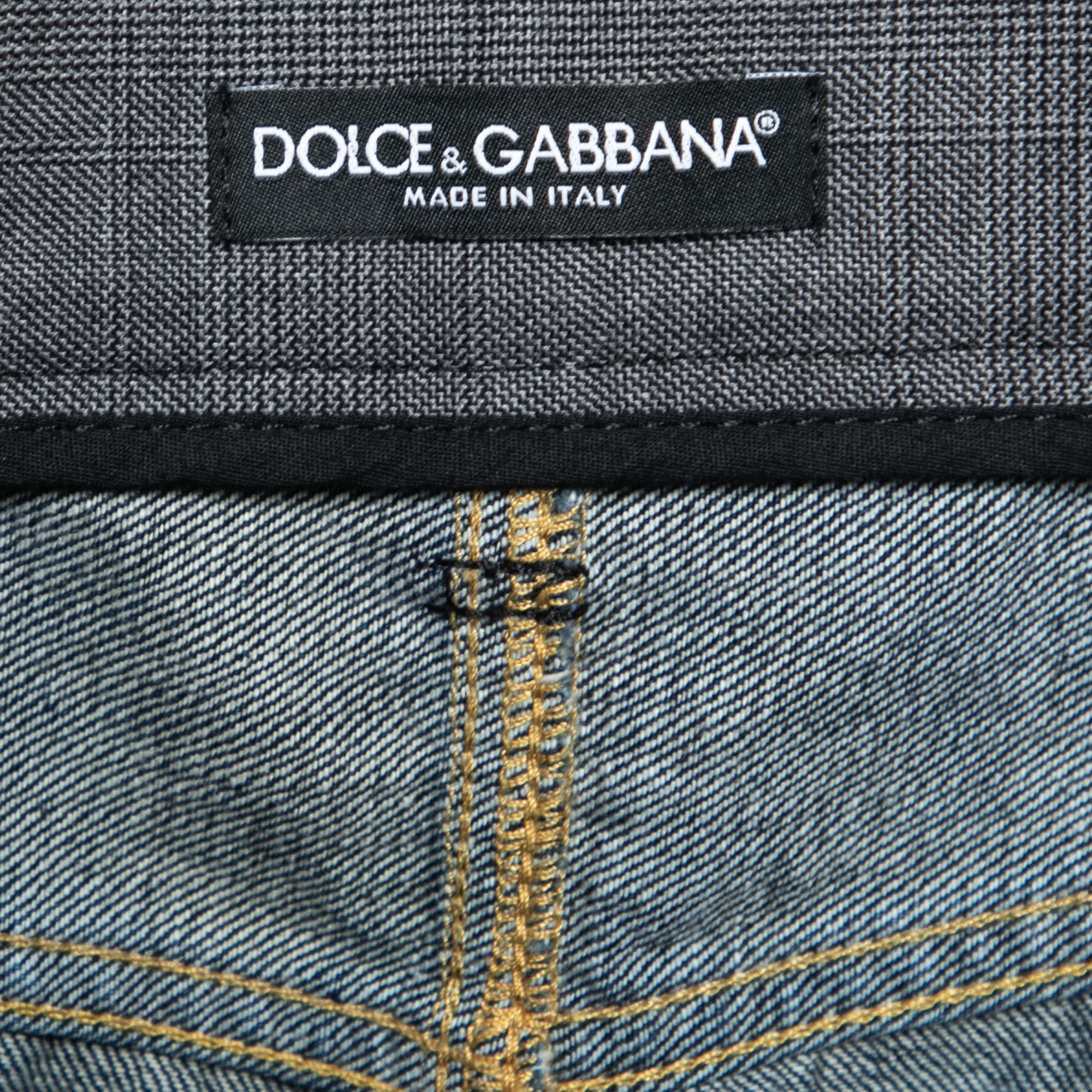 Dolce & Gabbana Checkered Cotton & Distressed Denim Paneled Pants S