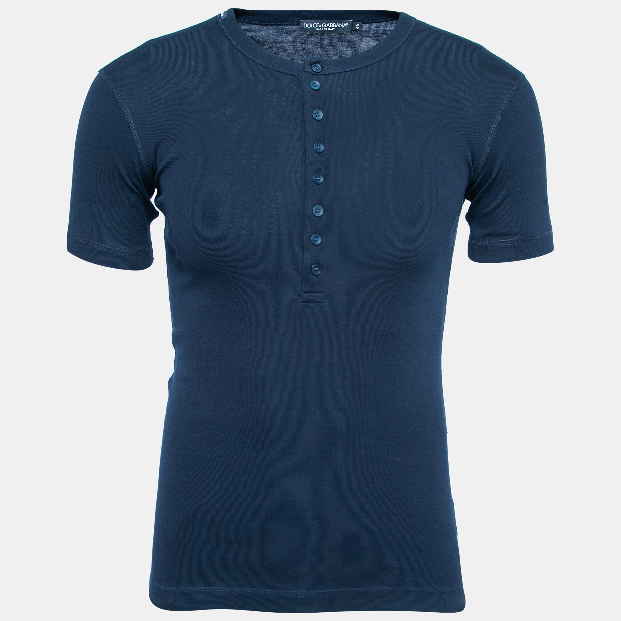 

Dolce & Gabbana Navy Blue Stretch Cotton Buttoned T-Shirt