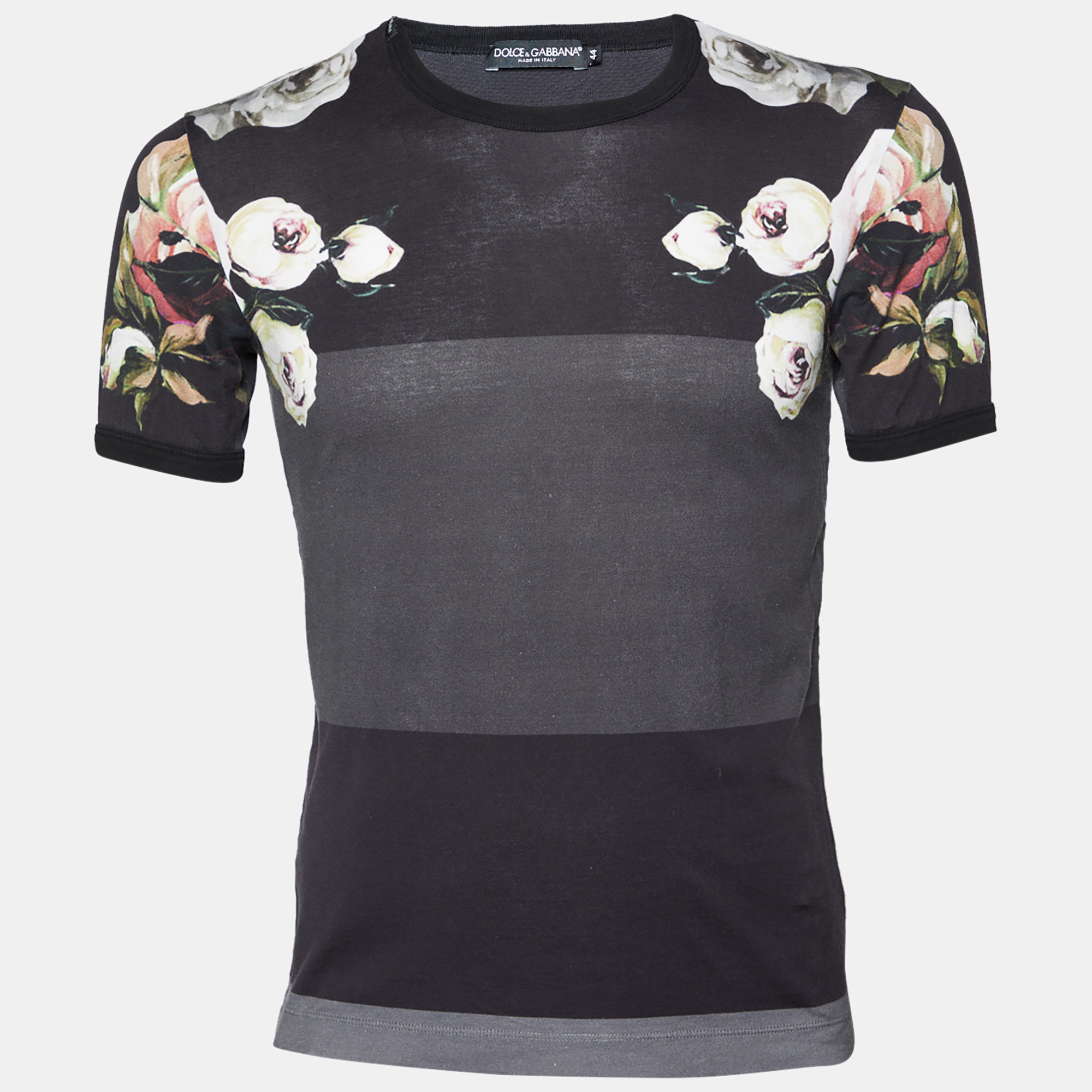 Dolce & Gabbana  Grey & Black Striped Floral Printed Cotton Round Neck T-Shirt XS