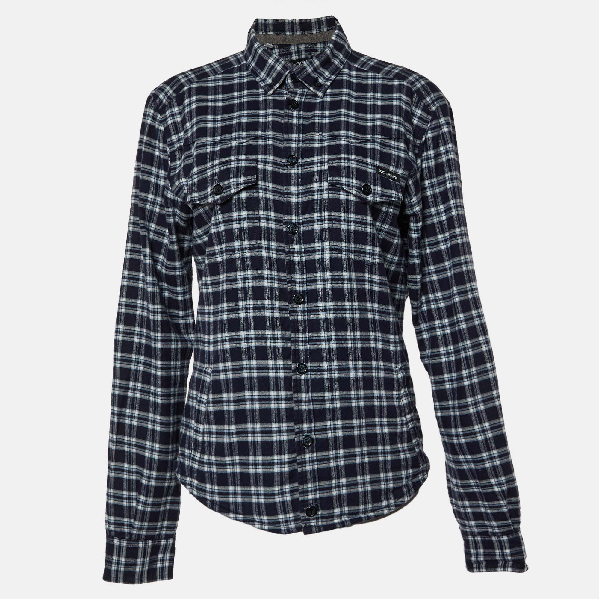 Dolce & Gabbana Navy Blue Checkered Cotton Button Front Shirt L
