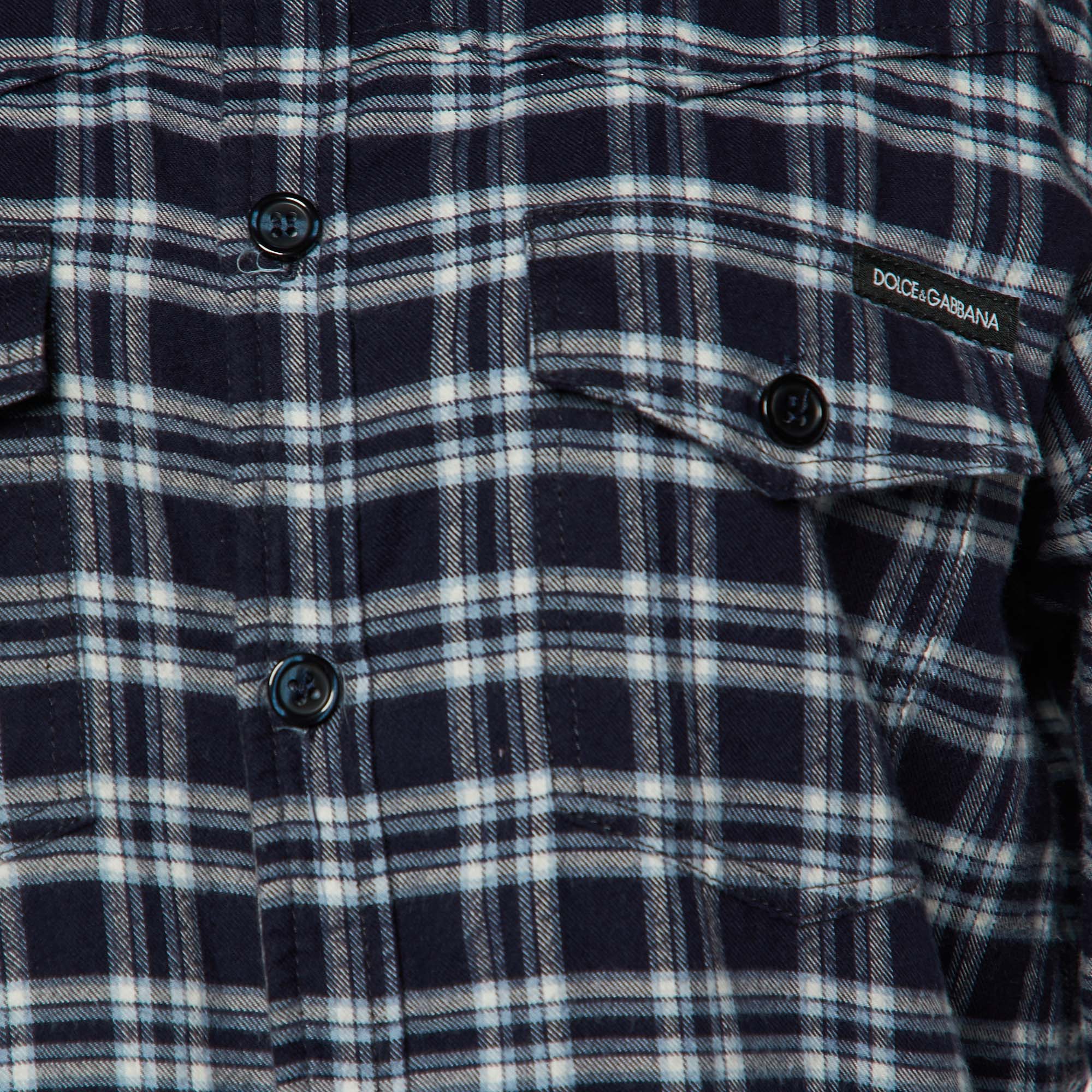 Dolce & Gabbana Navy Blue Checkered Cotton Button Front Shirt L