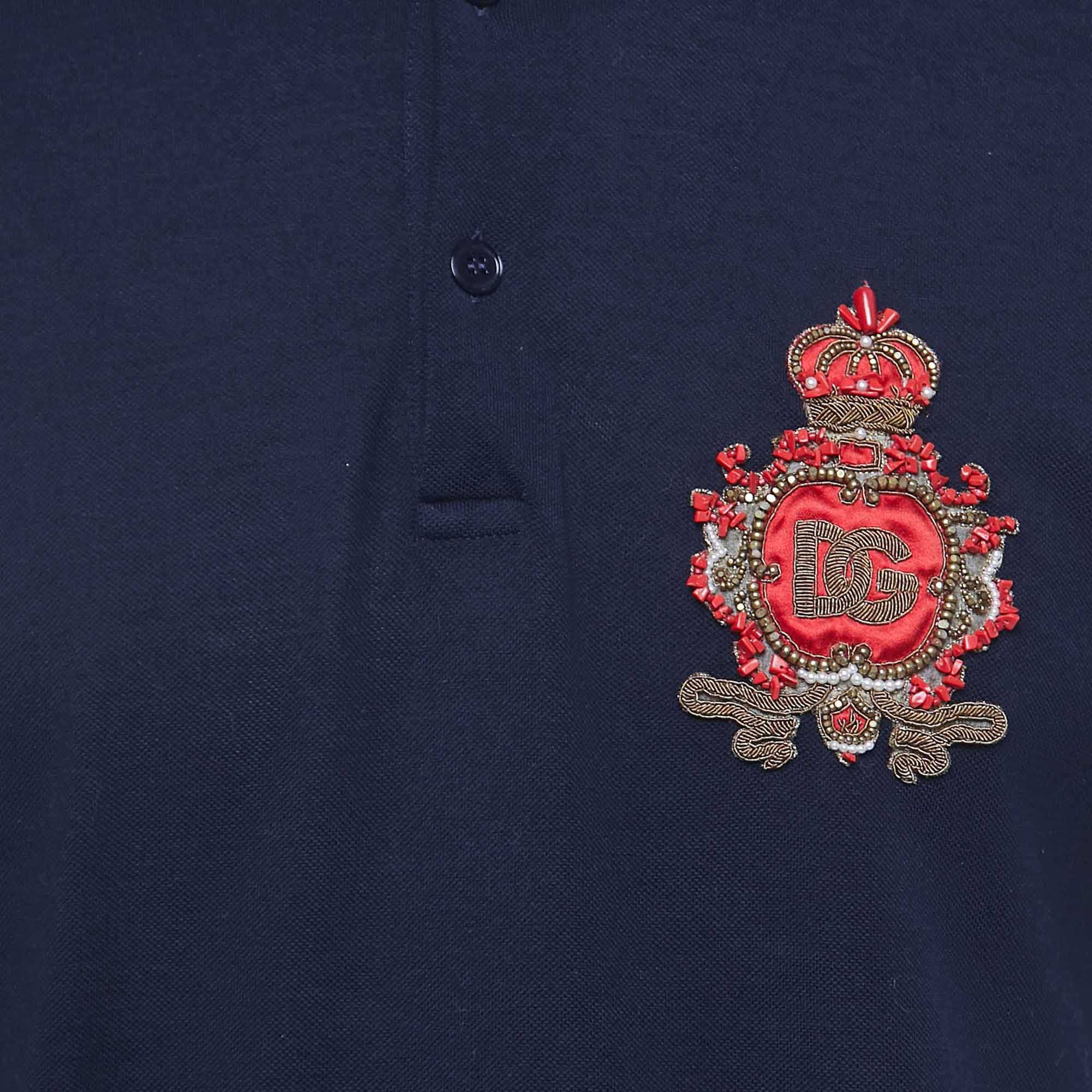 Dolce & Gabbana Navy Blue Cotton Pique Logo Applique Polo T-Shirt S