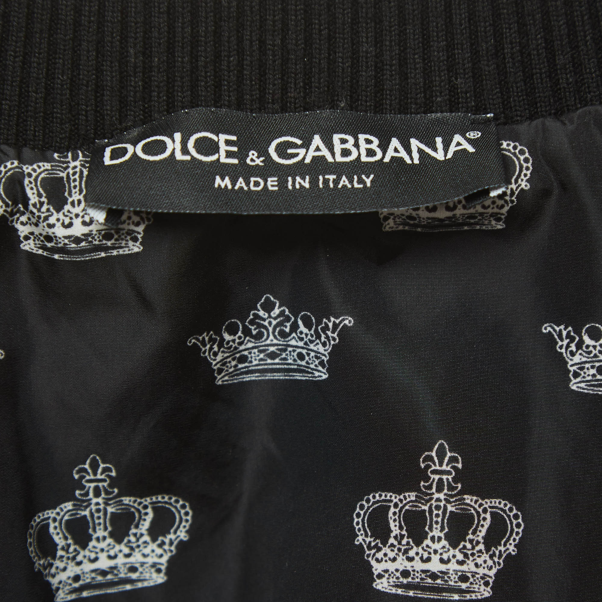 Dolce & Gabbana Black Crown Print Quilt Stitch Nylon Bomber Jacket XXL