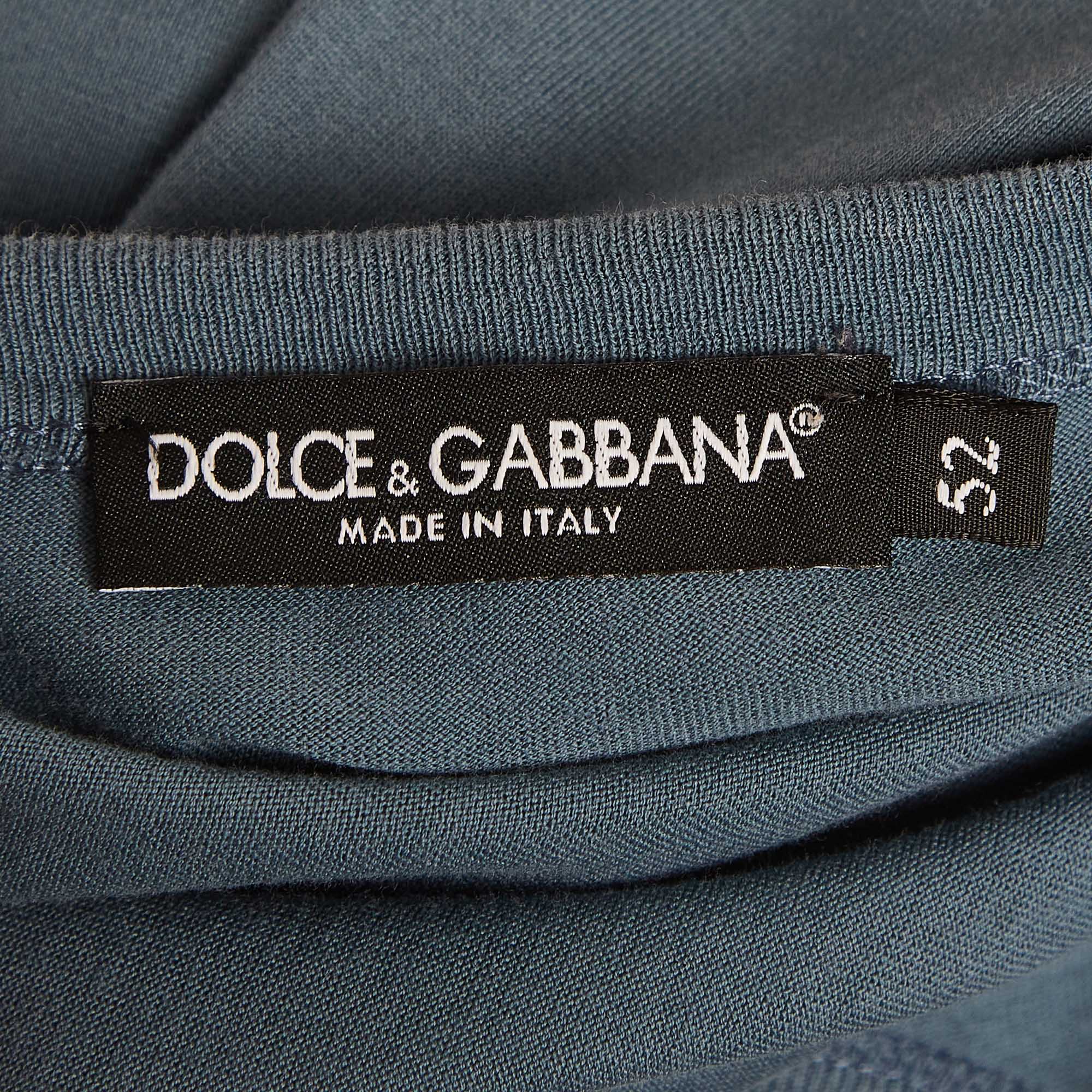 Dolce & Gabbana Blue Cotton Logo Applique Half Sleeve T-Shirt XL