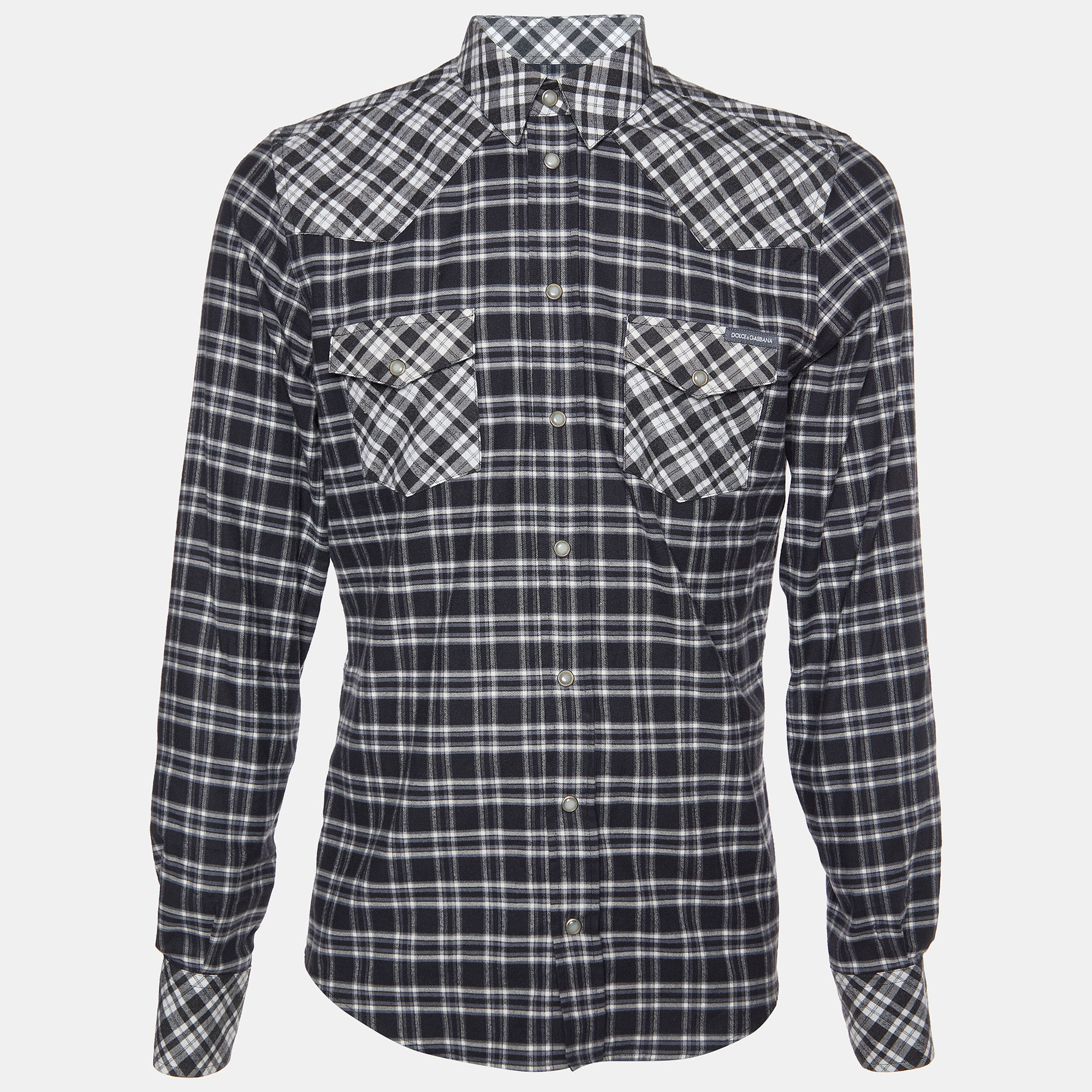 Dolce & gabbana charcoal grey plaid check cotton long sleeve shirt m