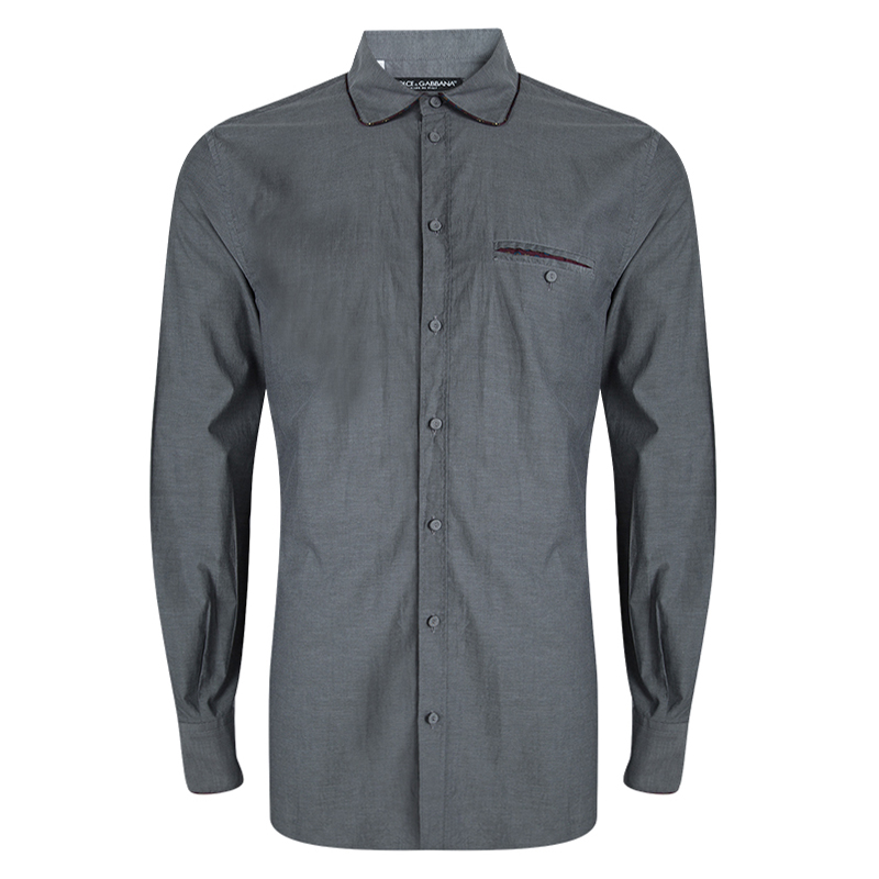 Image of Dolce & Gabbana Grey Contrast Piping Detail Long Sleeve Button Front Shirt XXL