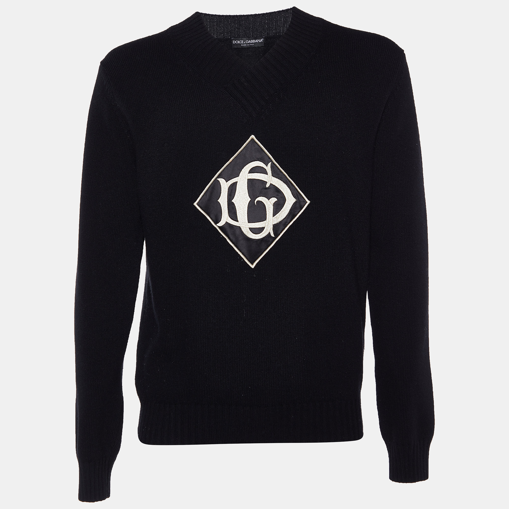 

Dolce & Gabbana Black Wool DG Appliqued V-Neck Sweater