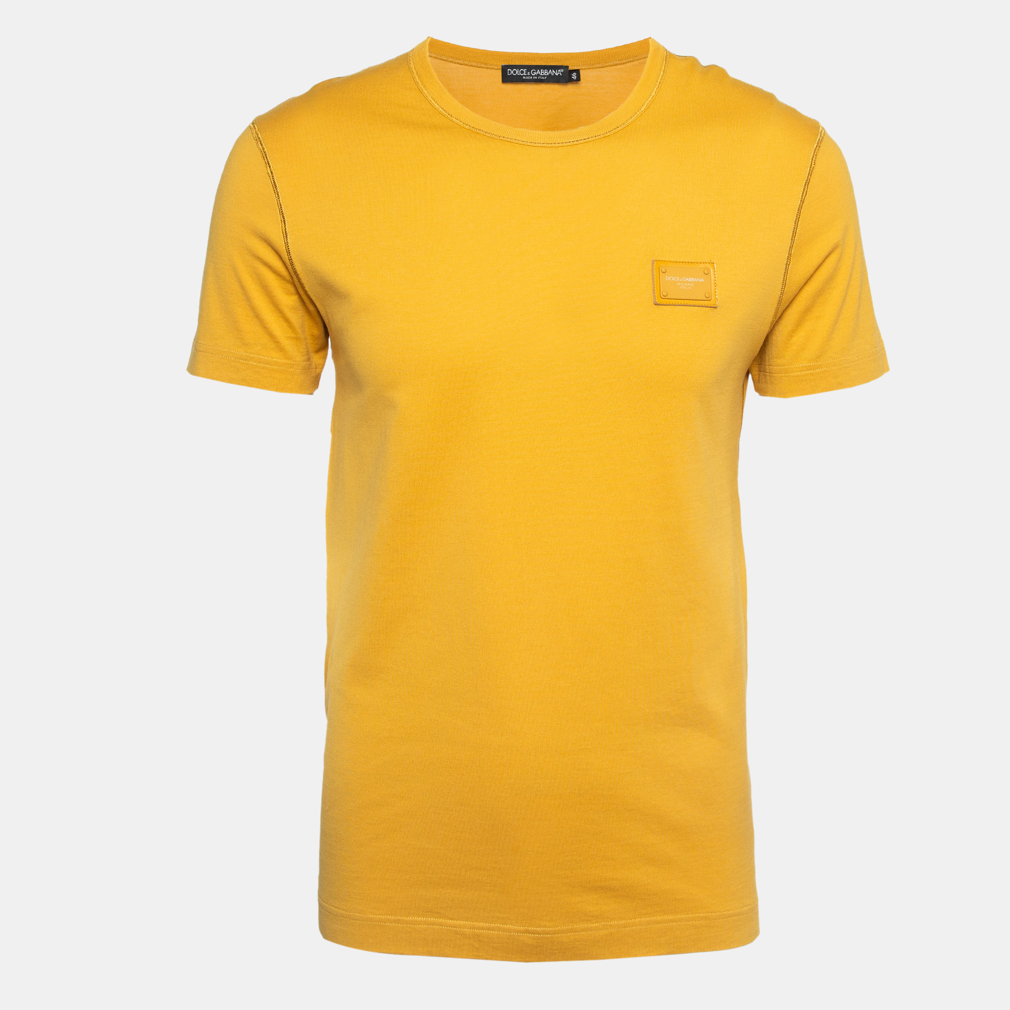 Dolce & gabbana yellow logo applique cotton knit crew neck t-shirt s