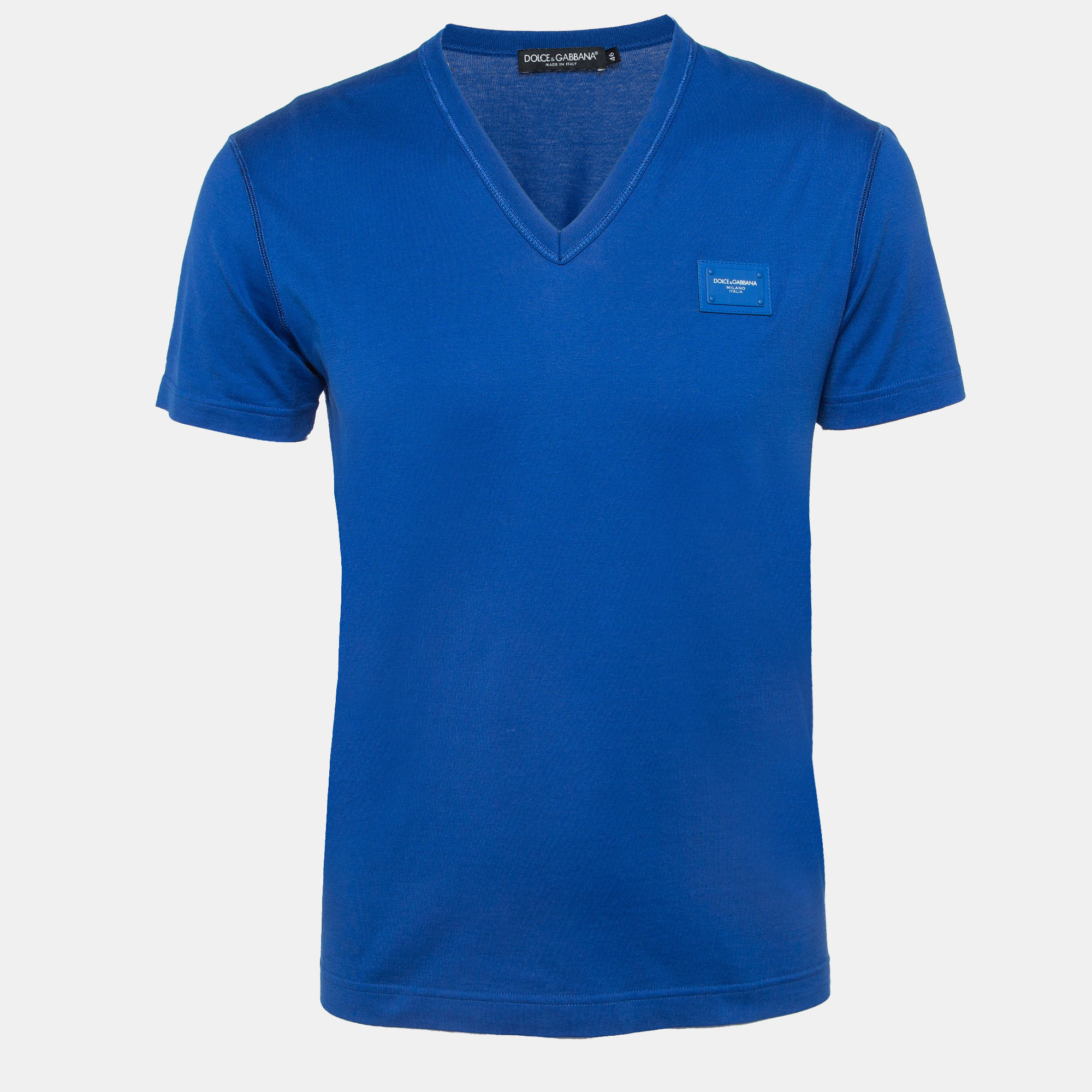

Dolce & Gabbana Blue Logo Applique Cotton Knit V-Neck T-Shirt
