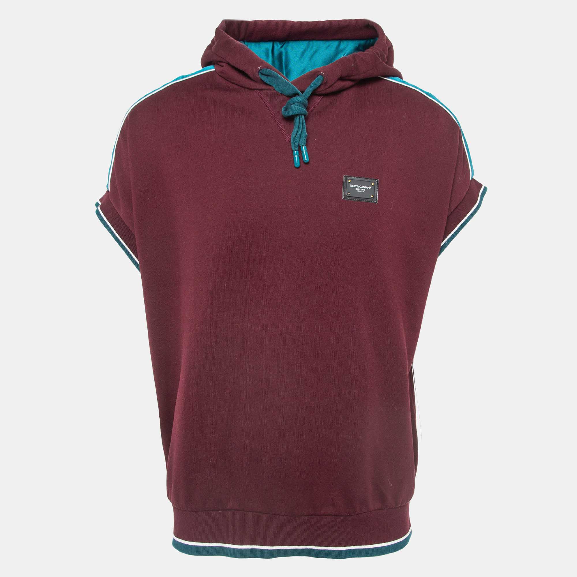 Dolce & gabbana burgundy logo applique cotton short sleeve hoodie m