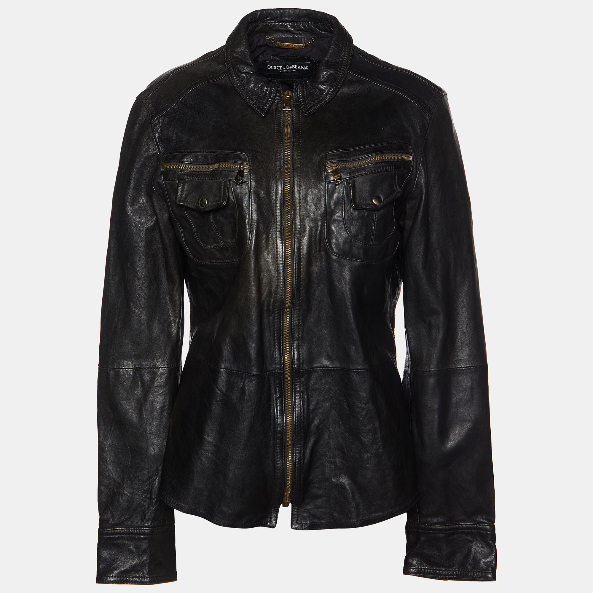 Dolce & gabbana black leather zip front jacket l
