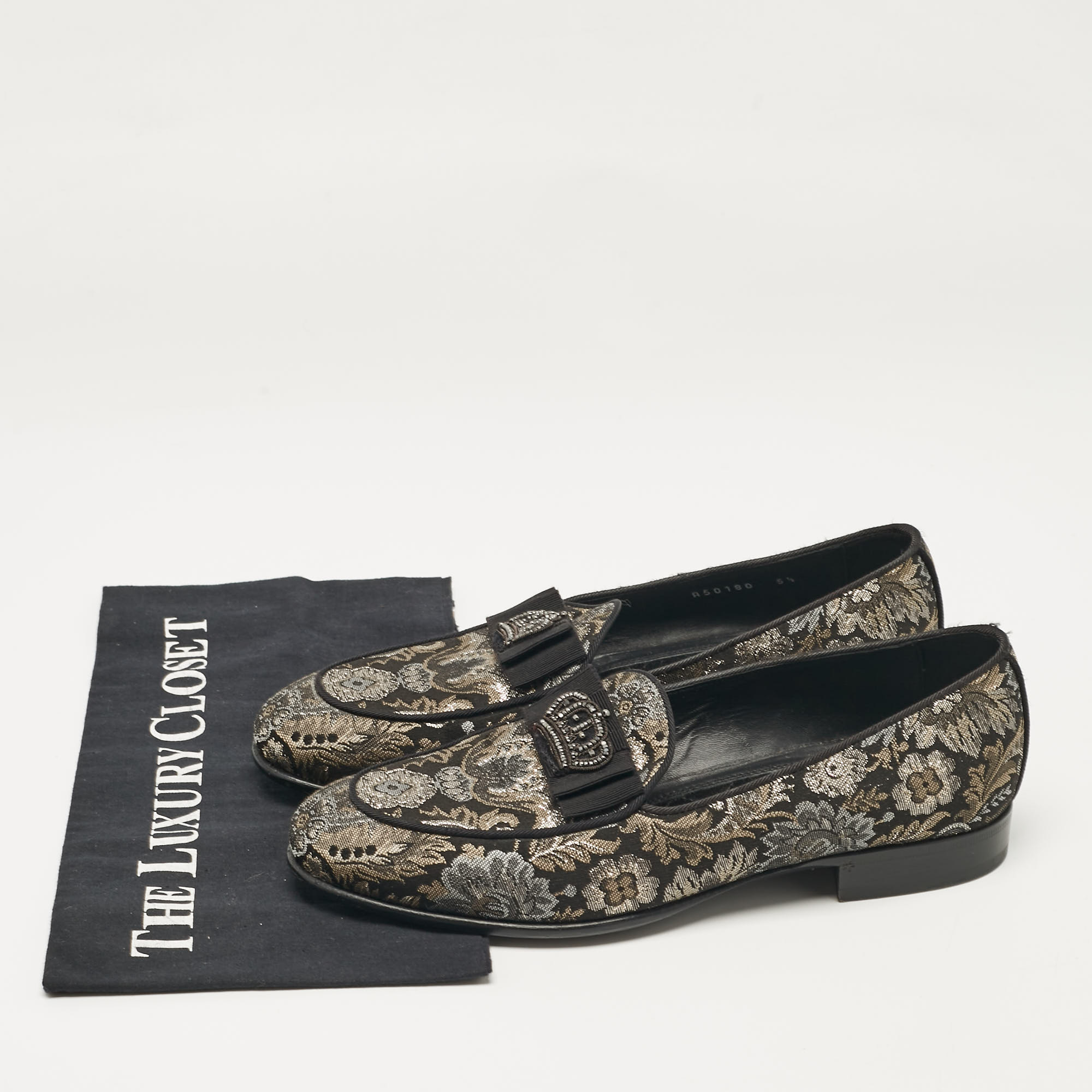 Dolce & Gabbana Black/Metallic Brocade Fabric Loafers 39.5