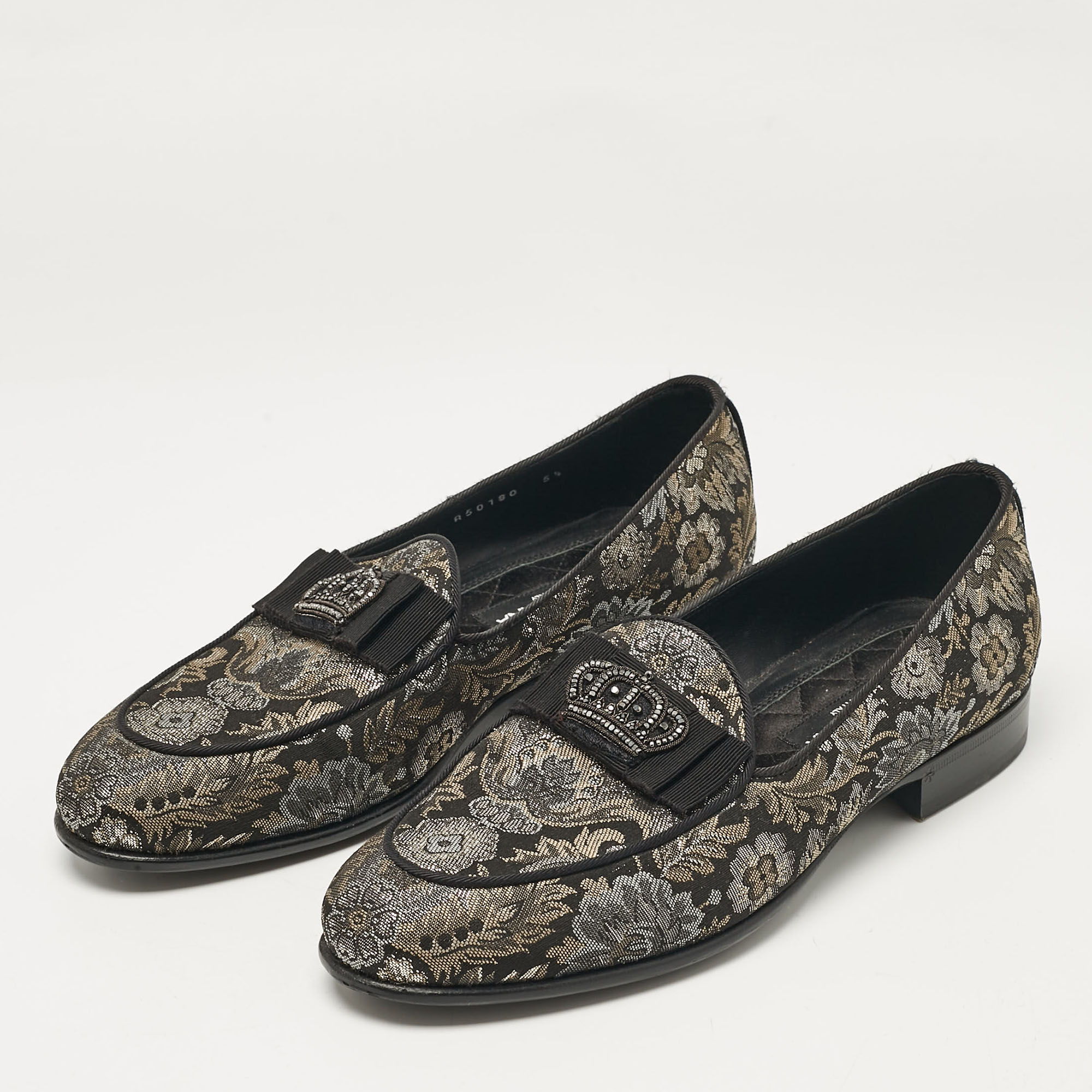 Dolce & Gabbana Black/Metallic Brocade Fabric Loafers 39.5