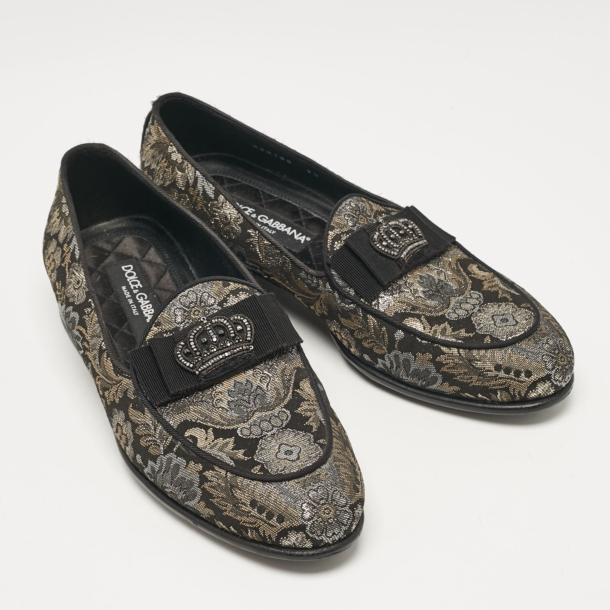 Dolce & Gabbana Black/Metallic Brocade Fabric Loafers 39.5