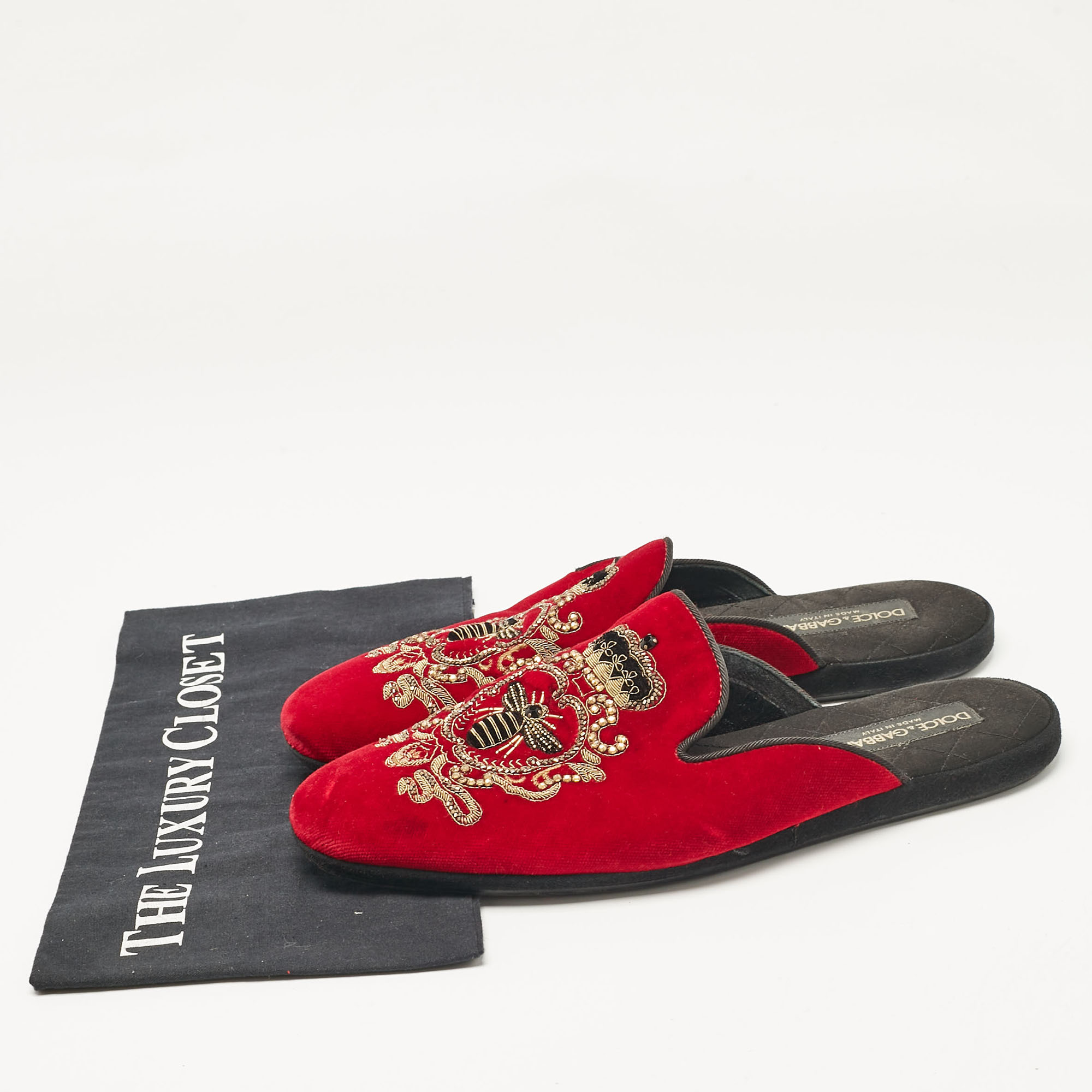 Dolce & Gabbana Red Velvet Embroidered Mules Size 41