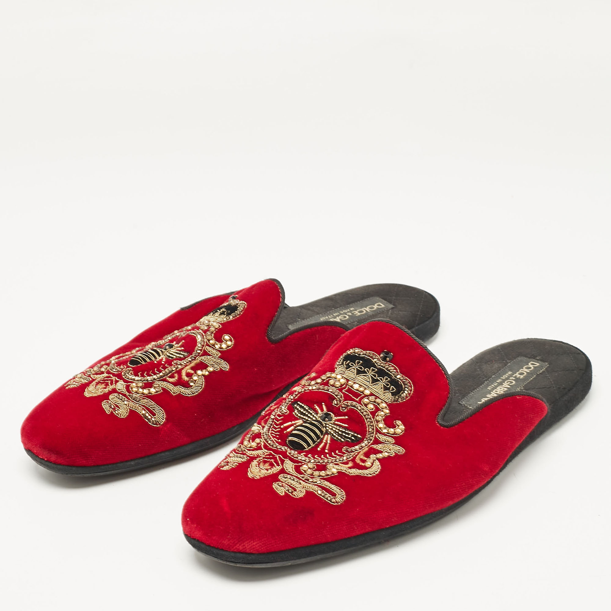 Dolce & Gabbana Red Velvet Embroidered Mules Size 41