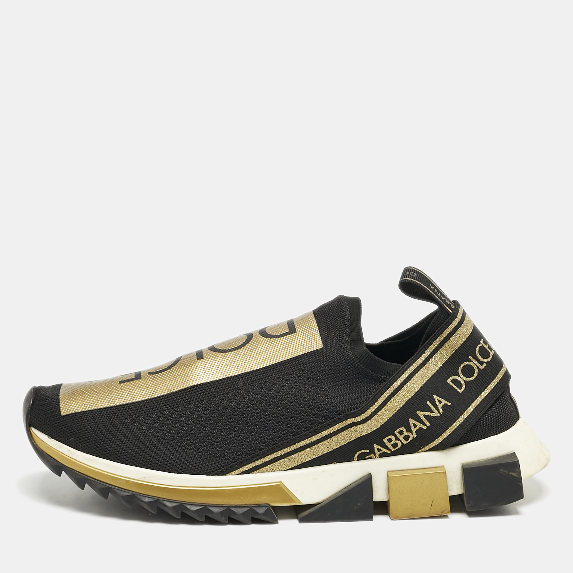 Dolce & Gabbana Gold/Black Knit Fabric Sorrento Slip On Sneakers Size
Dolce & Gabbana Gold/Black Knit Fabric Sorrento Slip On Sneakers Size