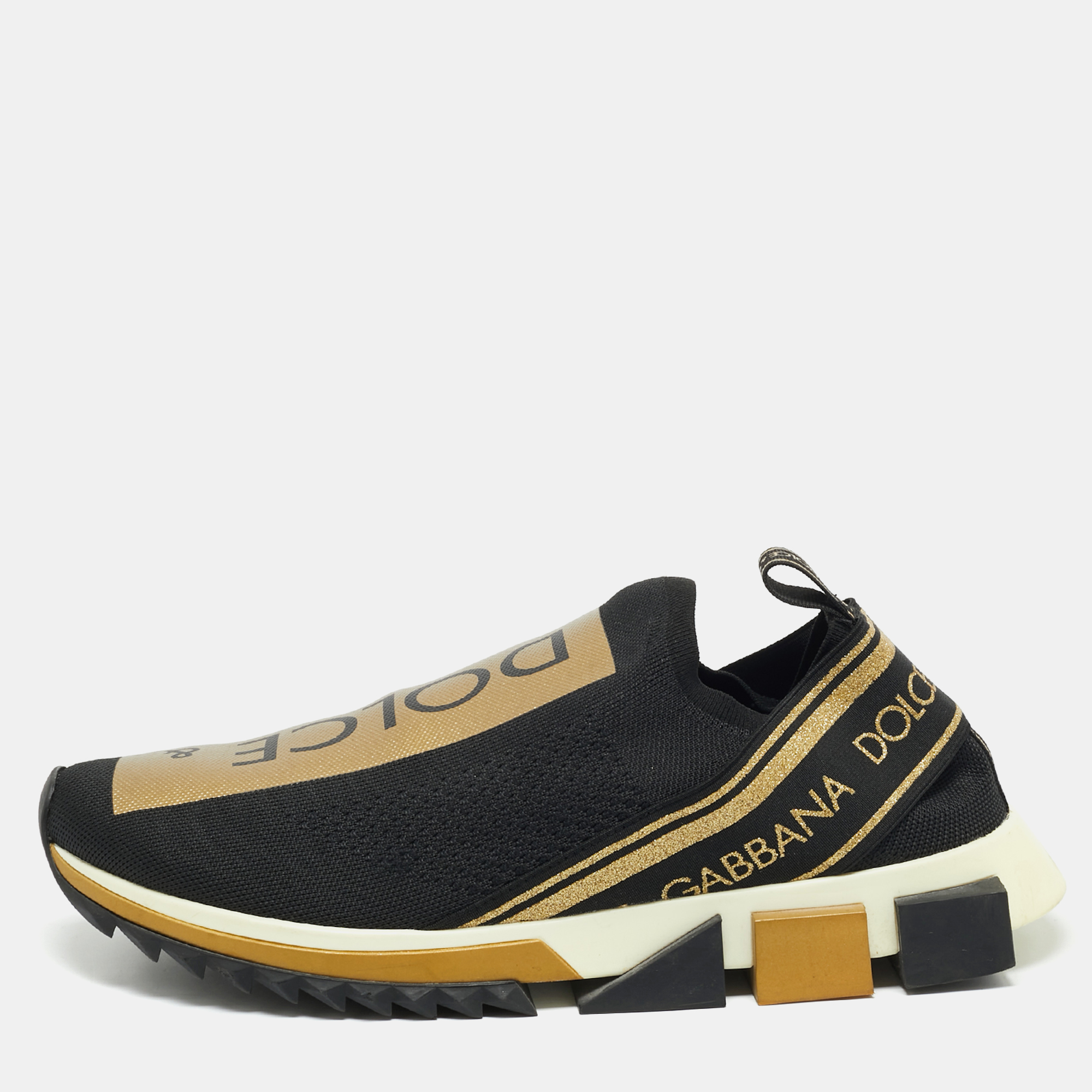 Dolce & Gabbana Black/Gold Stretch Fabric Jersey Sorrento Logo Print Slip On Sneakers Size
Dolce & Gabbana Black/Gold Stretch Fabric Jersey Sorrento Logo Print Slip On Sneakers Size