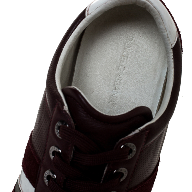 Dolce & Gabbana Burgundy Leather And Suede Metal Logo Sneakers Size 43.5